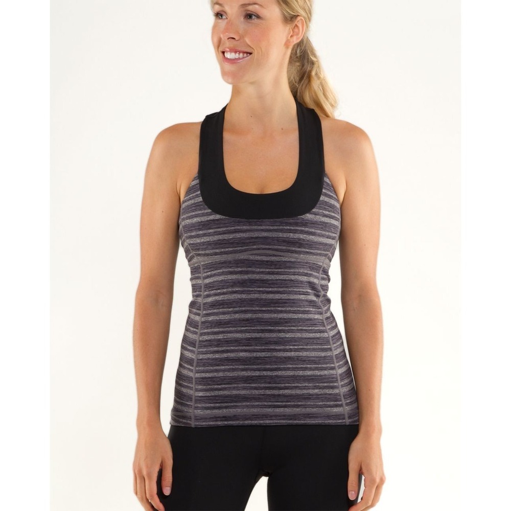 Lululemon Power Y Tank Top Womens 6 Gray Black Striped Racerback Workout Yoga